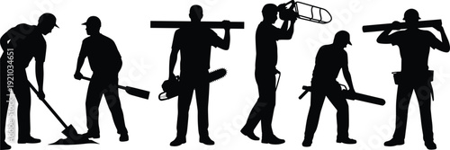 Construction worker silhouettes heavy tools set, builders digging carrying chainsaw equipment collection, industrial labor illustration poses isolated