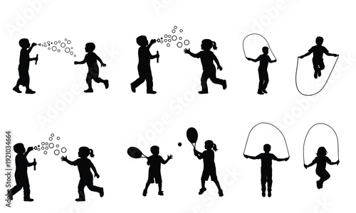 Children engaged in various outdoor play activities using balls and hula hoops