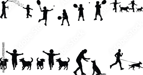 Diverse group of people and dogs engaging in various outdoor activities together