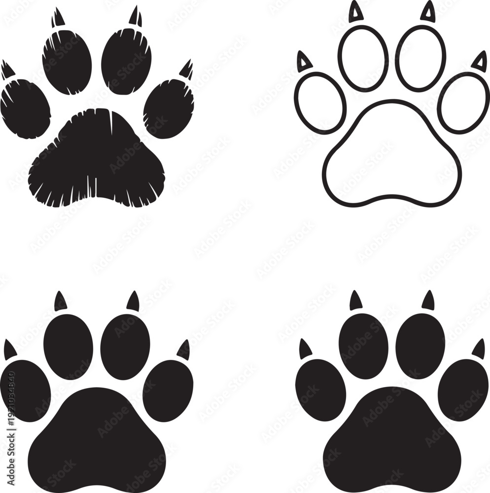 Fototapeta premium A set of dog's paws. Black traces in different styles. Isolated on white background. Silhouettes of paws