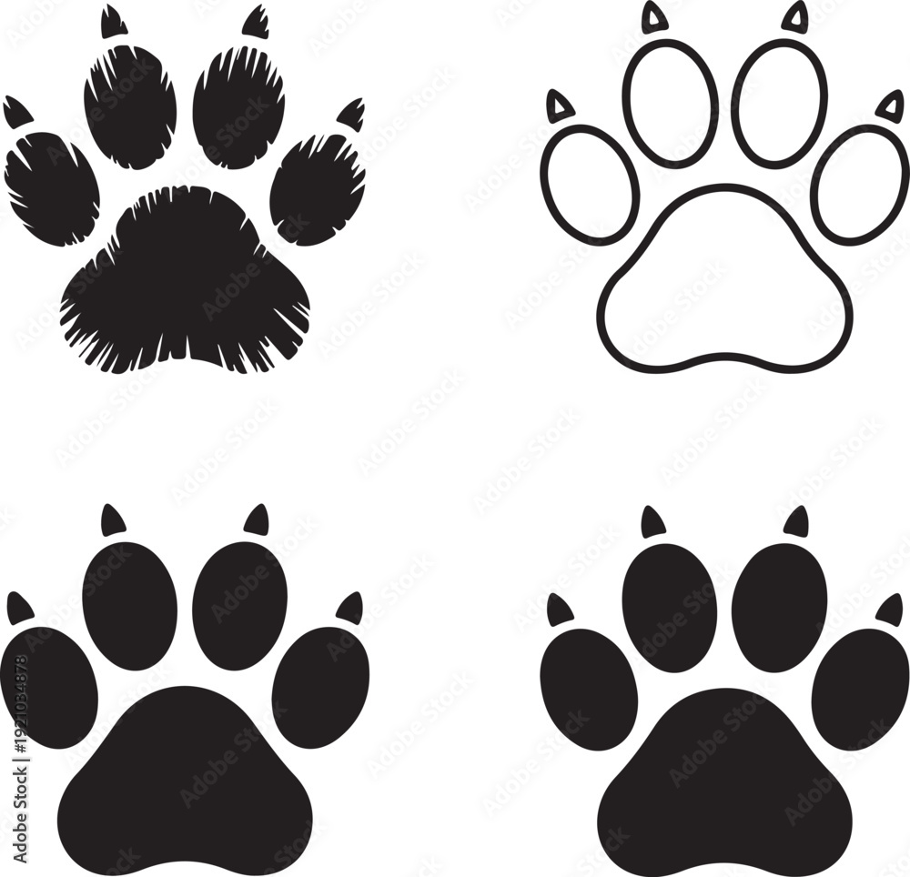 Fototapeta premium A set of dog's paws. Black traces in different styles. Isolated on white background. Silhouettes of paws