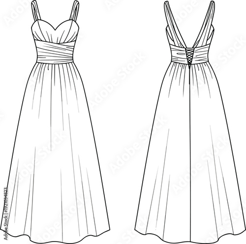 Elegant long evening dress flat sketch, CAD fashion vector illustration with straps, ruched waist detail, and back lace-up closure