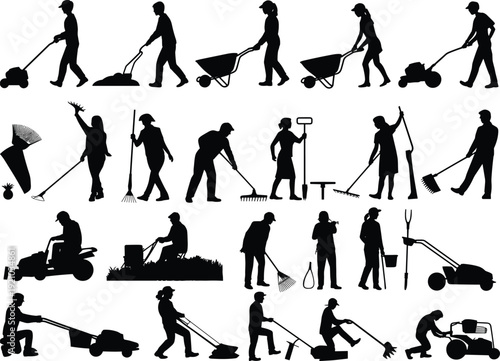 Gardening silhouettes, landscaping workers, lawn mowing, raking leaves, wheelbarrow, trimming plants, sweeping yard, outdoor maintenance, gardening tools, vector illustration