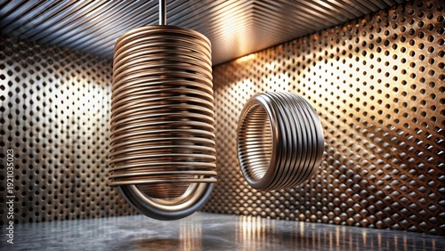 Abstract metallic sculpture installation featuring a vertical coil and a horizontal ring against a textured background