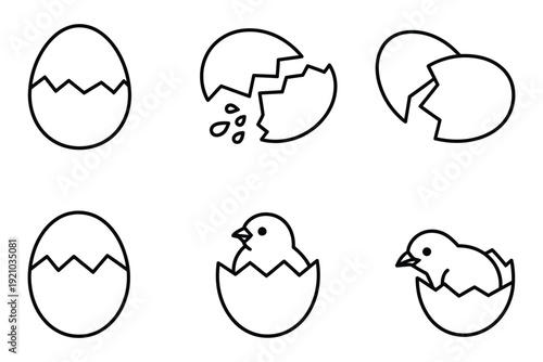 Set of hatching egg icons, vector illustrations on white background, depicting chicks emerging, incubation
