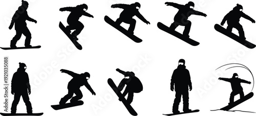 Flat vector illustration of snowboarder silhouettes, winter sports tricks, jumps, stances, dynamic motion poses, snowboarding action artwork
