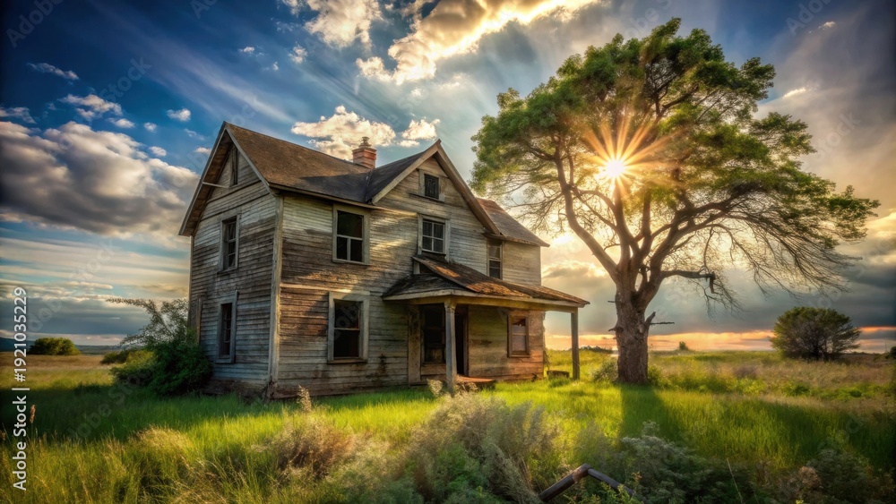 Fototapeta premium Sunbeams Illuminate a Rustic, Abandoned Farmhouse in a Field of Tall Grass