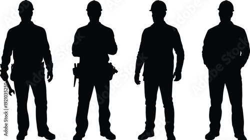 Construction worker silhouettes set, builders wearing hard hats isolated black vector illustration collection on white background
