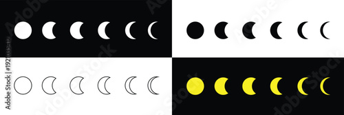 Moon phases astronomy icon silhouette symbol set. Full moon and crescent sign logo. Vector illustration. Isolated on white background. Vector Illustration .EPS 10 .