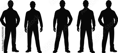 Construction worker silhouettes standing collection, builders with helmets set, industrial labor team illustration, handyman workforce characters isolated