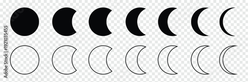 Moon phases astronomy icon silhouette symbol set. Full moon and crescent sign logo. Vector illustration. Isolated on white background. Vector Illustration .EPS 10 .