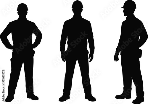 Construction worker silhouettes standing set, builders with helmets collection, industrial labor team illustration, handyman workforce characters, professional poses