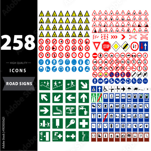 Massive set of international traffic signs including warning, regulatory, mandatory, and informative road signals for urban planning and transportation projects.