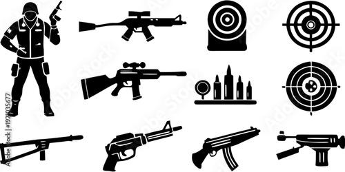 Collection of black firearm and target icons pistol, gun, pistol, rifle, shotgun, bullet, ammunition, target, scope, silhouette, shooting, weapon, firearm, hunting, sport, military, police, crime, dan