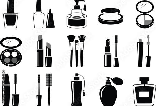 Cosmetic icons set featuring makeup silhouettes like lipstick, mascara, perfume bottles, brushes, nail polish, and skincare products for beauty industry design