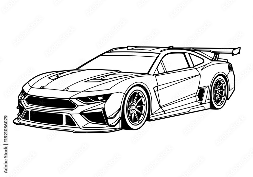 Fototapeta premium Modern sports car illustration with sleek design and racing features. Coloring page. drawing illustration