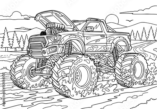 Monster truck drives through muddy terrain with large wheels. Coloring page. drawing illustration