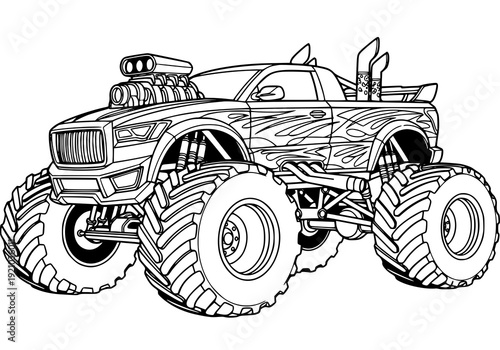 Monster truck with large tires and flame design. Coloring page. drawing illustration