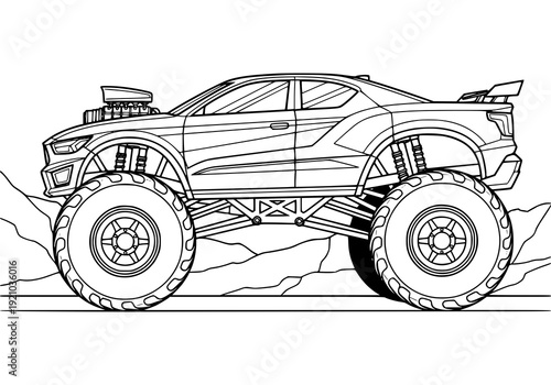 Off-road monster truck with large tires on rugged terrain. Coloring page. drawing illustration