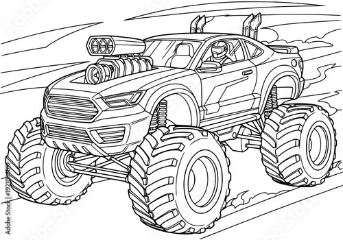 Monster truck racing with driver wearing helmet on rugged terrain. Coloring page. drawing illustration