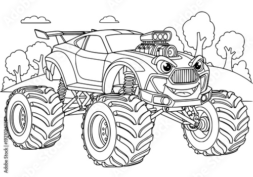 Smiling monster truck with big tires and cartoon eyes. Coloring page. drawing illustration