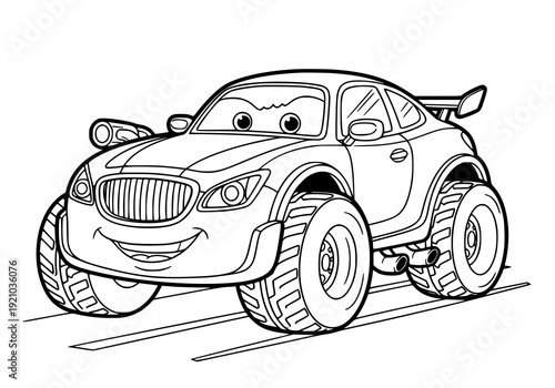 Cute cartoon monster truck smiling on road. Coloring page. drawing illustration