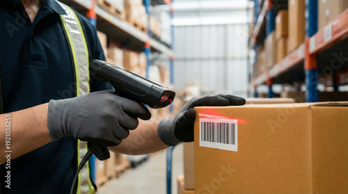 Close up of warehouse worker scanning barcode on cardboard box using handheld scanner for inventory management and ecommerce fulfillment.