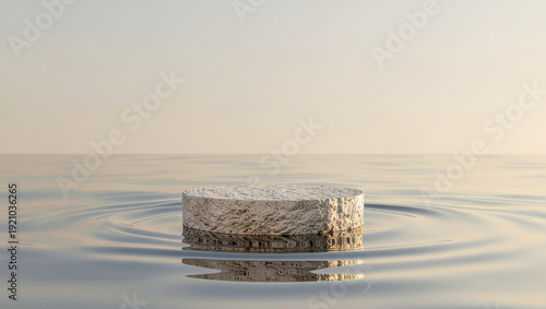 Stone podium in serene water at sunset for product display