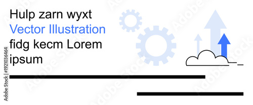 Business growth, innovation strategies, technology development, teamwork, process improvement, and future planning. Gears and arrows pointing upward with a cloud. Business growth and innovation