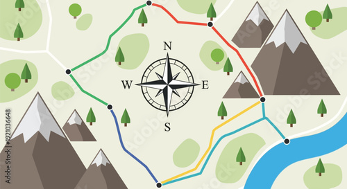 Map with Compass and Mountains Illustration.