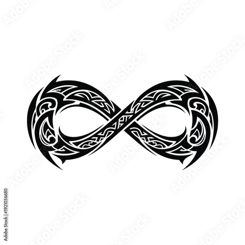 Intricate tribal infinity symbol with bold black patterns and flowing curves.