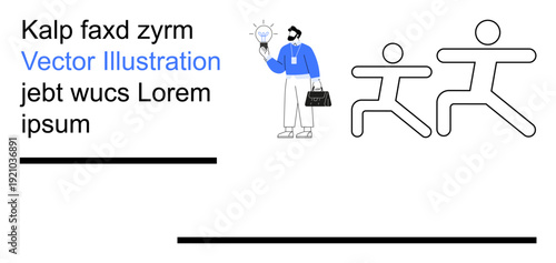 Innovation, business solutions, teamwork, creative thinking, professional leadership, idea generation. A person holding a lightbulb next to running figures. Innovation and business solutions clearly