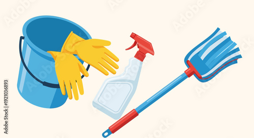 Cleaning Supplies Bucket Gloves Spray Mop.