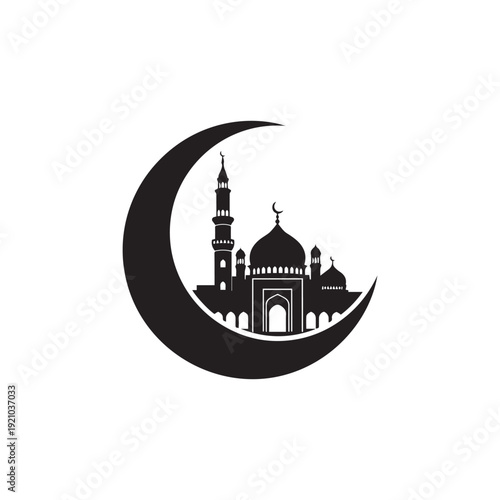 Mosque silhouette within a crescent moon, Islamic culture and Ramadan symbol