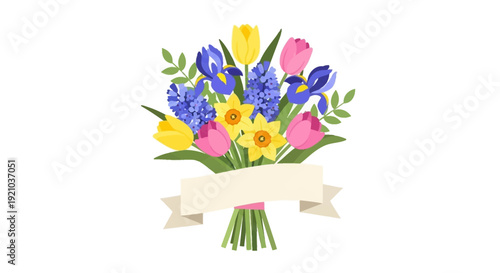 Colorful Spring Flowers Bouquet with Ribbon.