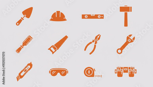 A comprehensive collection of essential construction and handyman tools, presented as vibrant orange icons for various building and repair projects