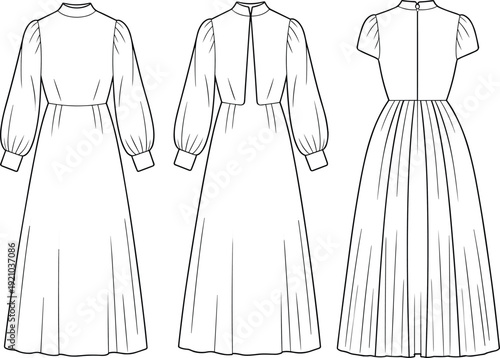 Elegant long sleeve maxi dress, high neck, pleated, vintage inspired, fashion flat sketch, technical vector drawing template design