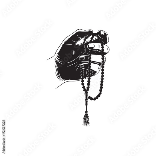 Hand holding Islamic prayer beads, Tasbih, Sebha, Muslim devotion