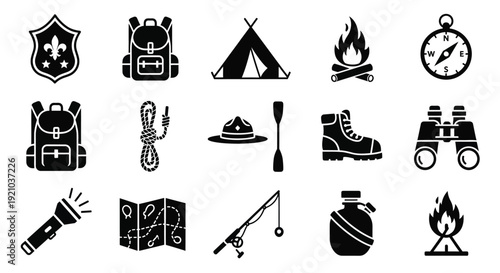 Collection of black and white icons representing camping and outdoor adventure gear, including a compass, tent, backpack, and campfire.