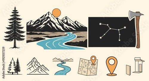 A collection of outdoor and adventure-themed illustrations, including trees, mountains, rivers, constellations, maps, and camping gear.
