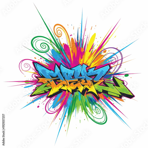 Colorful graffiti explosion with vibrant spray paint splashes and abstract lettering in urban mural scene.