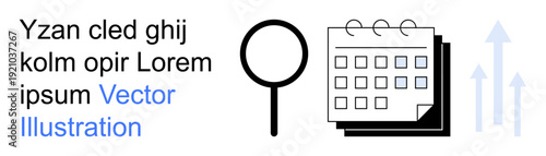 Data management, business planning, trend analysis, productivity tools, time management, research. A magnifying glass, calendar and upward arrows. Business planning and data management