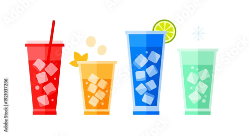 Colorful Cold Drinks with Ice Cubes.