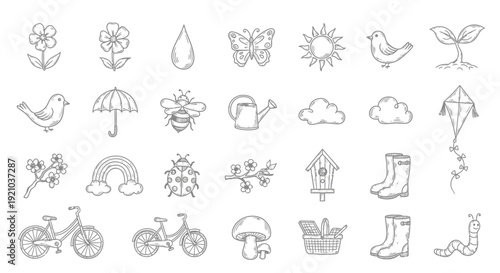 A collection of charming hand-drawn black and white illustrations depicting various elements of spring and nature, including flowers, animals, weather symbols, and outdoor activities.