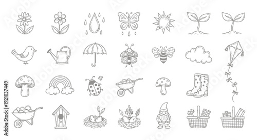 A collection of hand-drawn, black and white line art illustrations depicting various spring and garden-related elements, including plants, insects, weather, and tools.