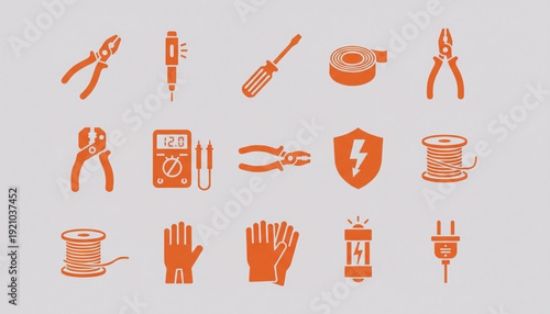 Comprehensive Set of Electrical Tools and Safety Equipment Icons for Maintenance and Repair Projects