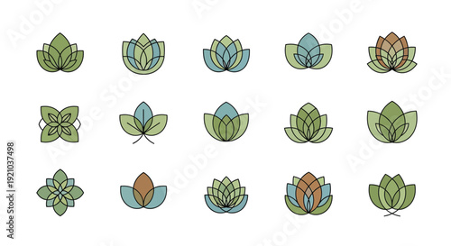 Collection of stylized lotus flower icons in various green and blue color palettes, representing nature and wellness.