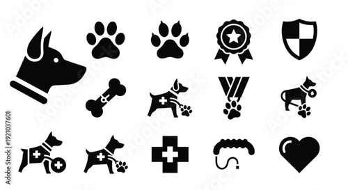 Collection of veterinary and pet care icons including dogs, paw prints, bones, medical symbols, and awards.