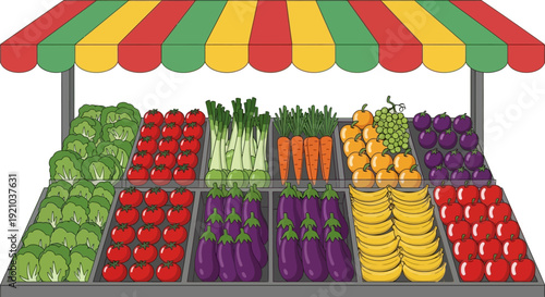 Colorful Fresh Fruits and Vegetables Market Stall.