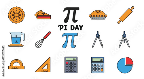 A collection of colorful icons representing Pi Day, including pies, mathematical symbols, and baking tools.